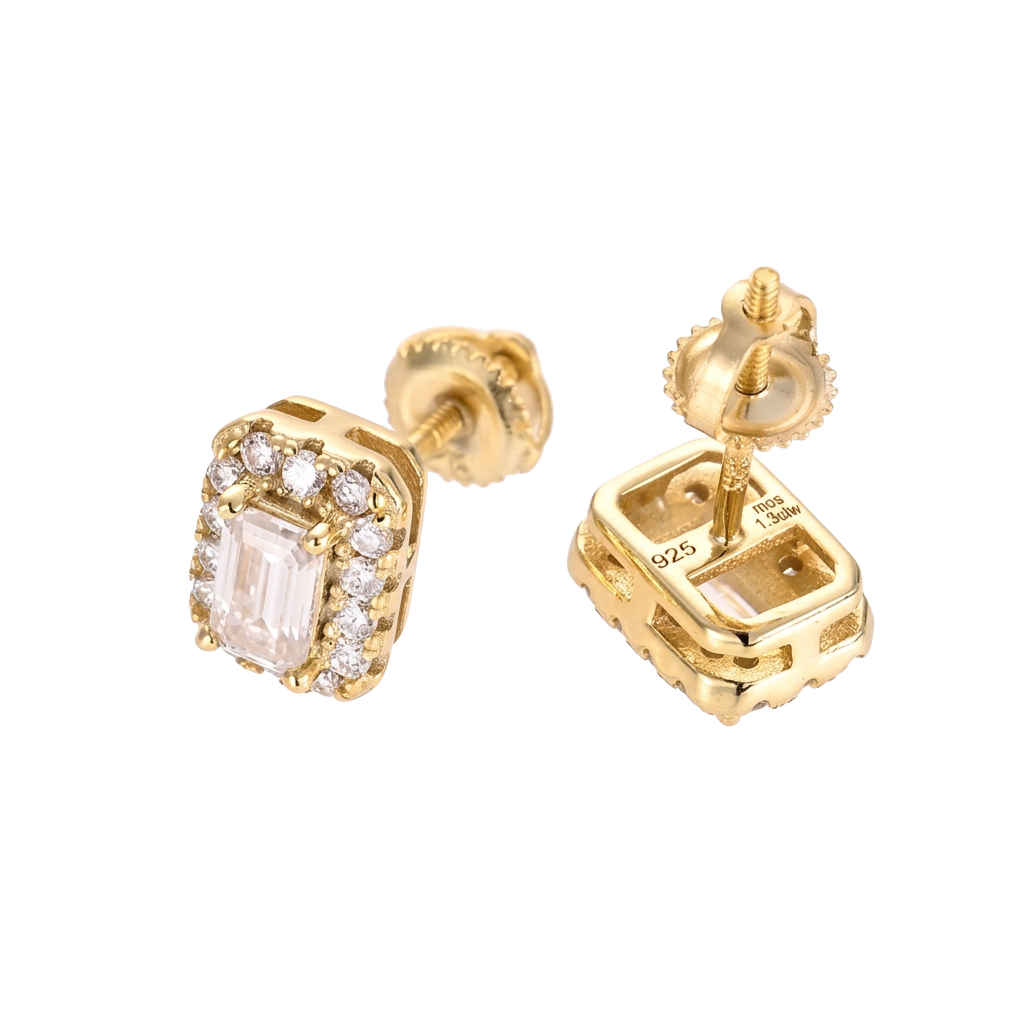 Velora monogram — emerald-cut halo earrings in gold-tone brass and hand-set crystal